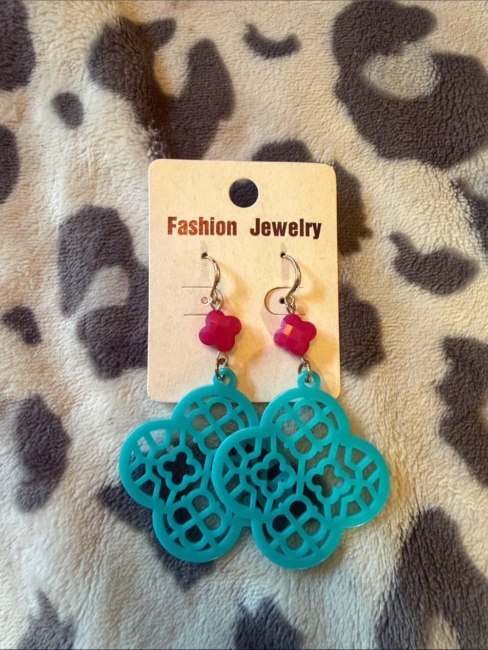 Fashion Jewelry Turquoise and Hot Pink Floral Cutout Drop Earrings